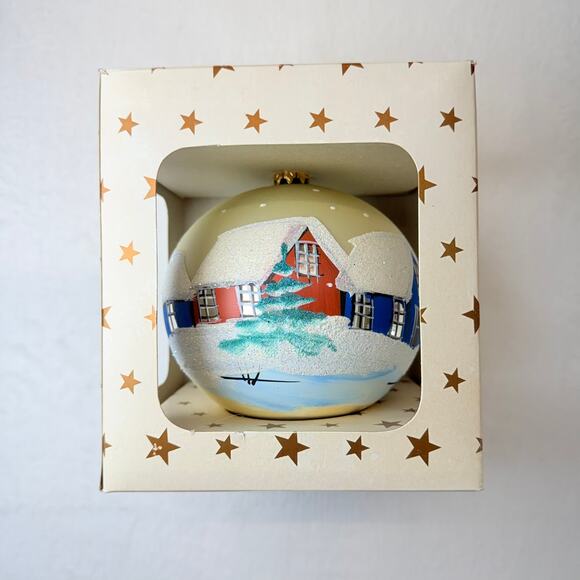 Handpainted Vintage Christmas Ornament Winter Scene with Houses and Trees - Picture 1 of 9